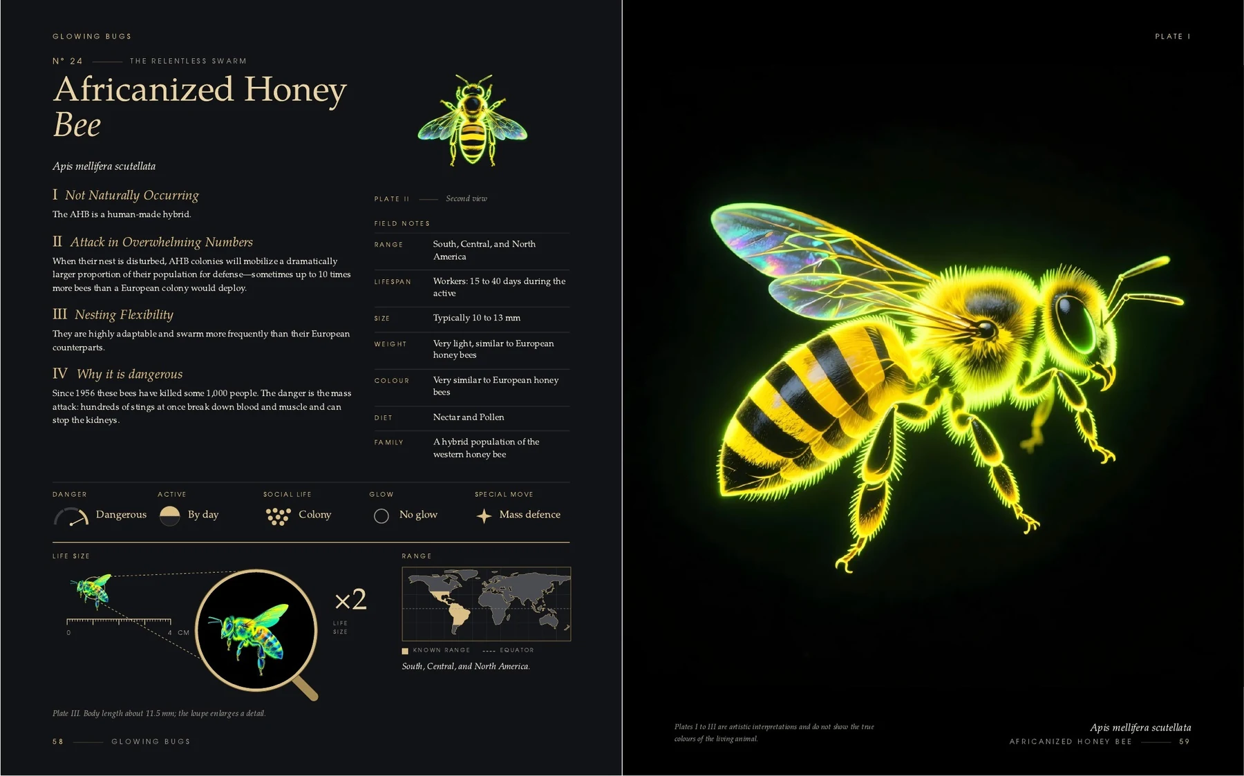 The two pages on the Africanized Honey Bee in the book Glowing Bugs