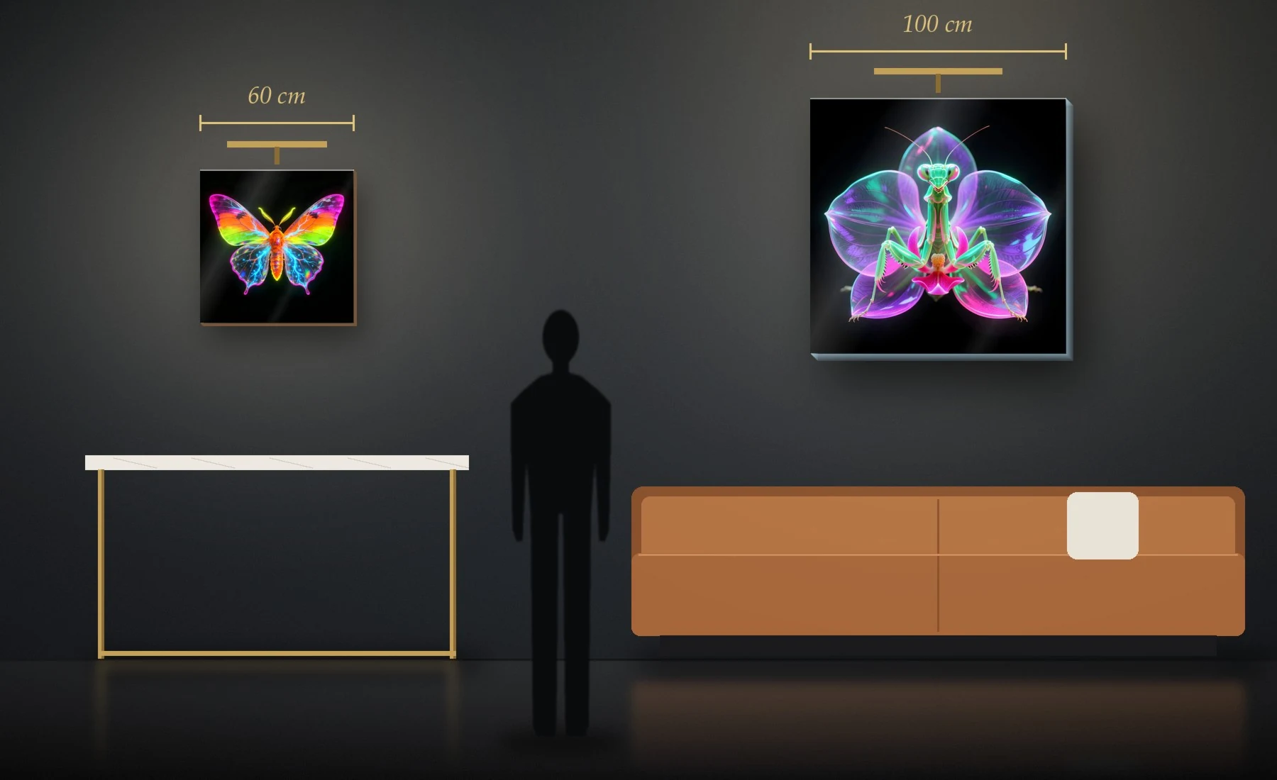 The two sizes, 60 cm and 100 cm, shown on a wall above furniture