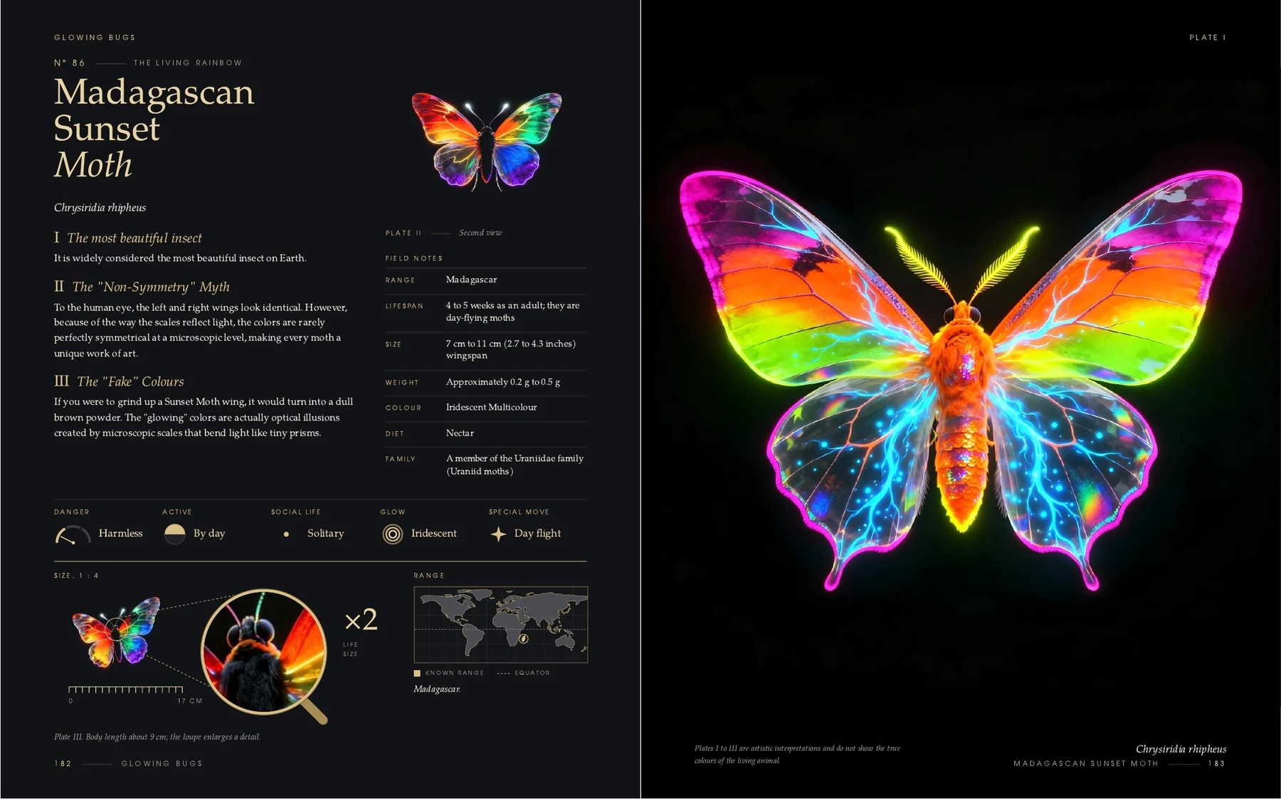 Inside the book Glowing Bugs: two pages on the Madagascan Sunset Moth