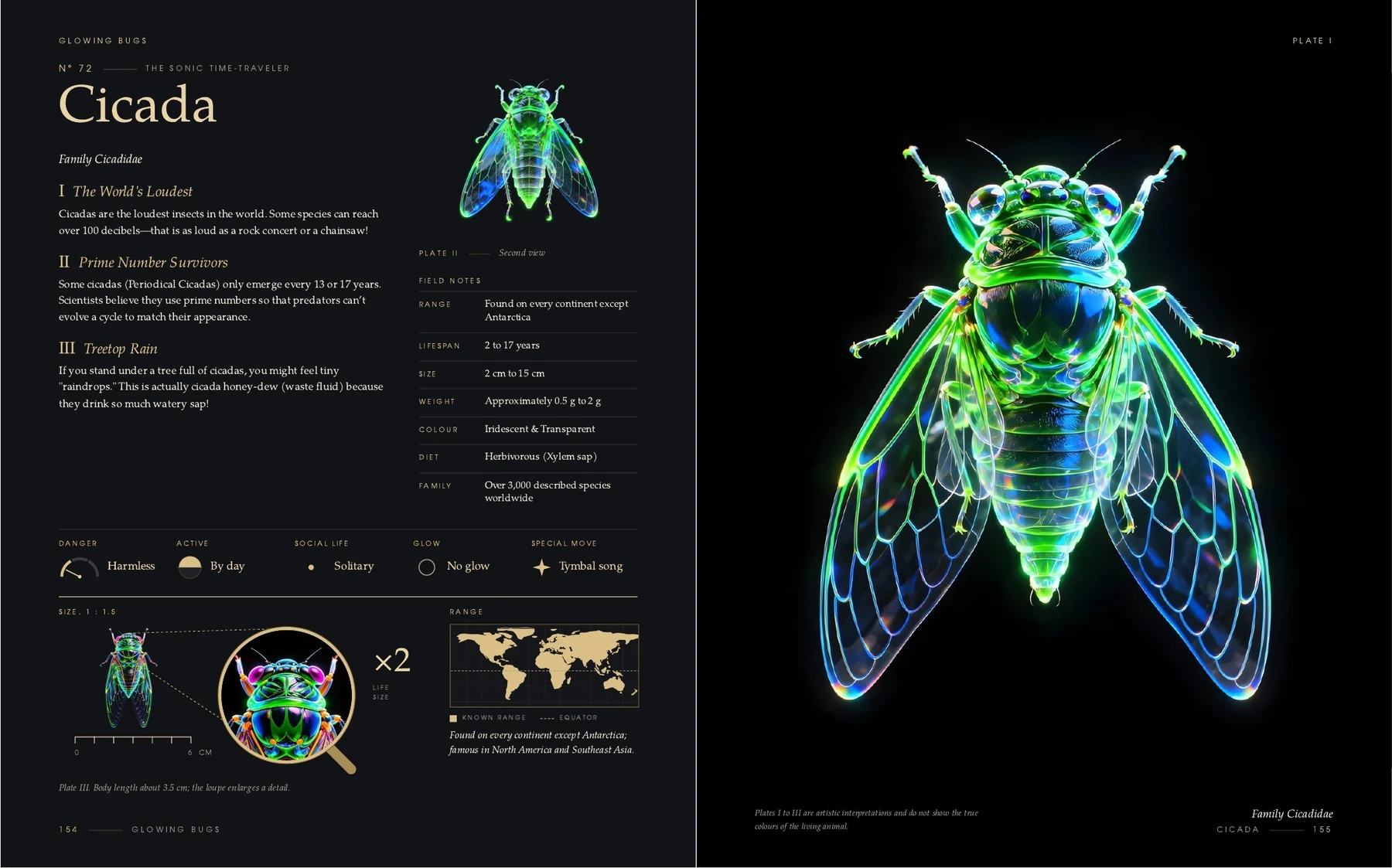 The two pages on the Cicada in the book Glowing Bugs