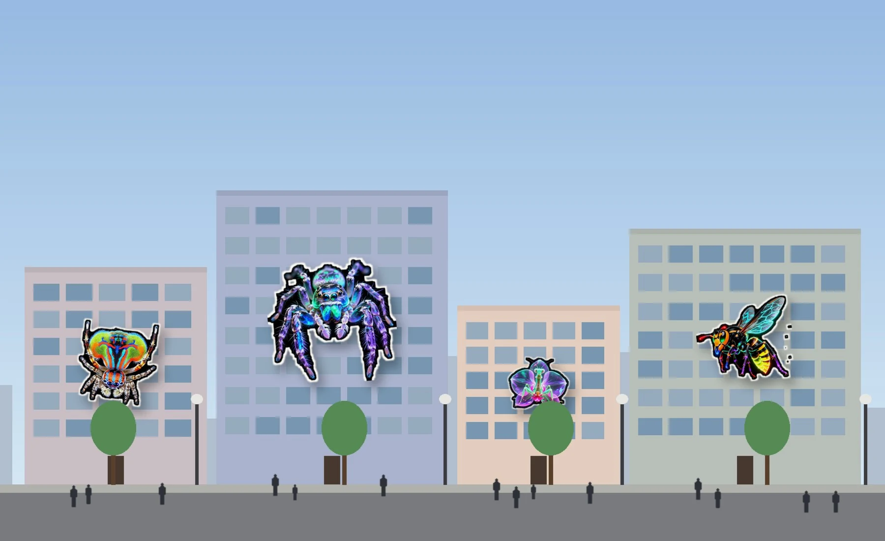 The same street by day, with four giant insects on the buildings
