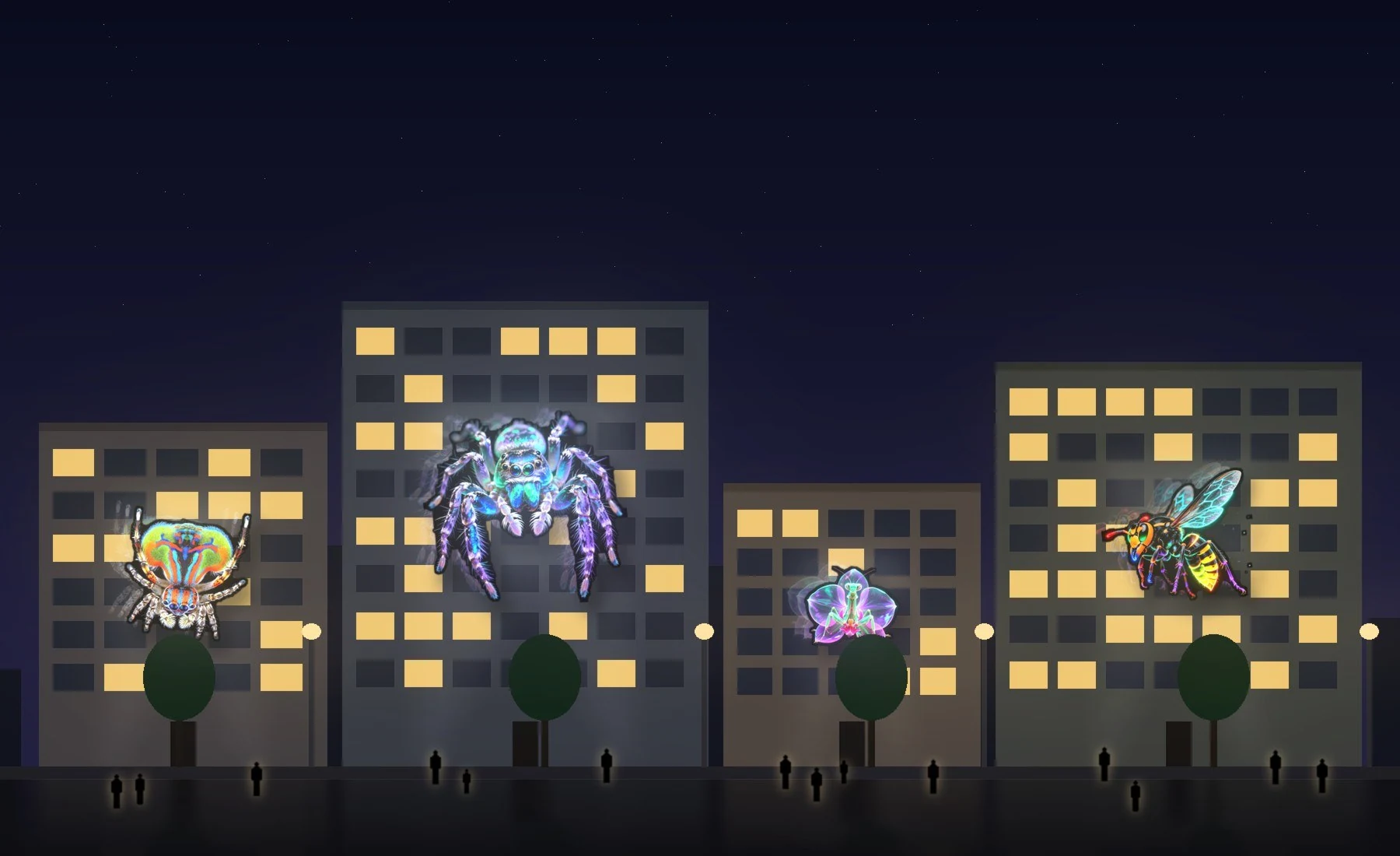 A city street at night with giant glowing insects on the buildings