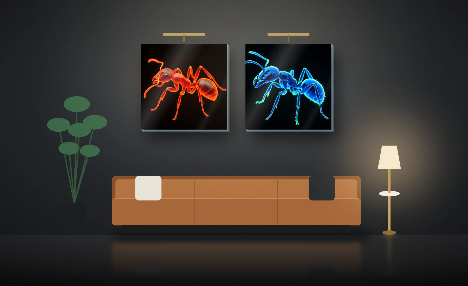 Two collector&rsquo;s works in a living room: a red fire ant and a blue driver ant, each 100 cm, lit by picture lights