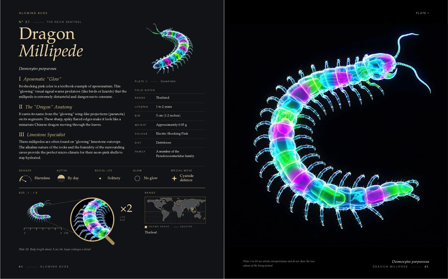 The two pages on the Dragon Millipede in the book Glowing Bugs