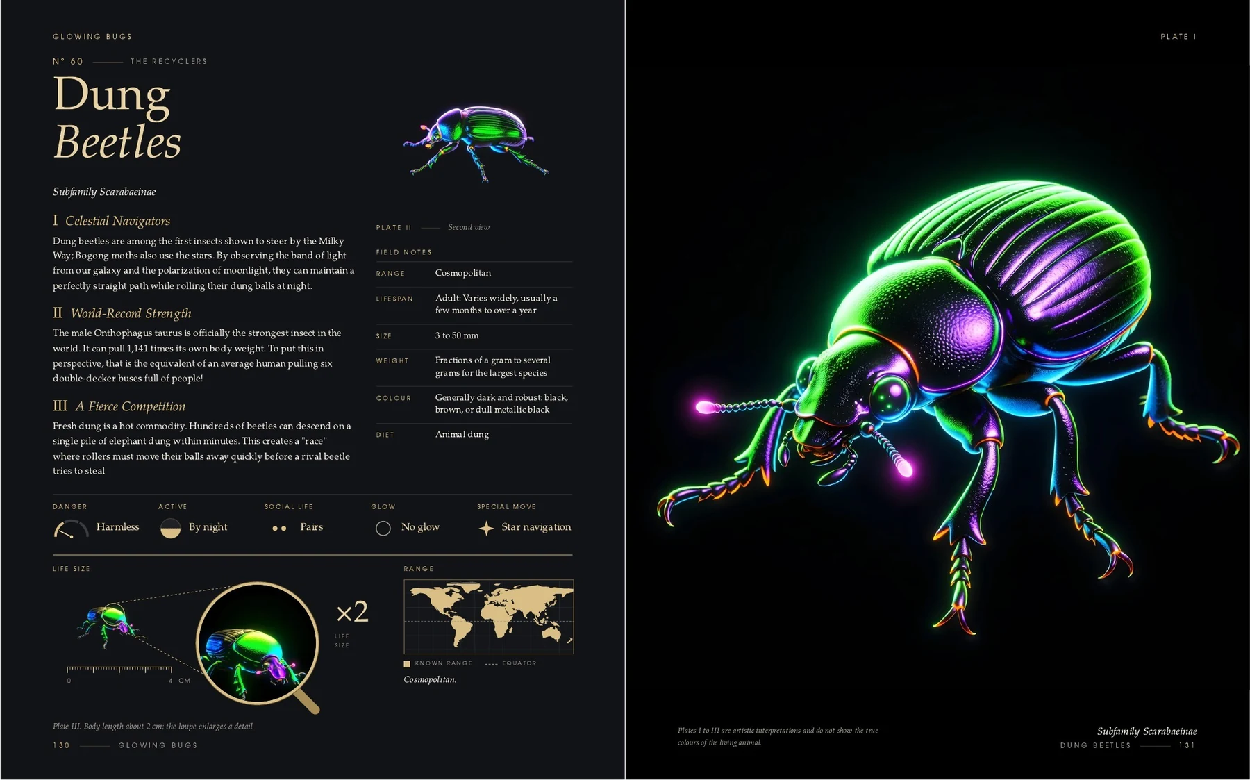 The two pages on the Dung Beetles in the book Glowing Bugs