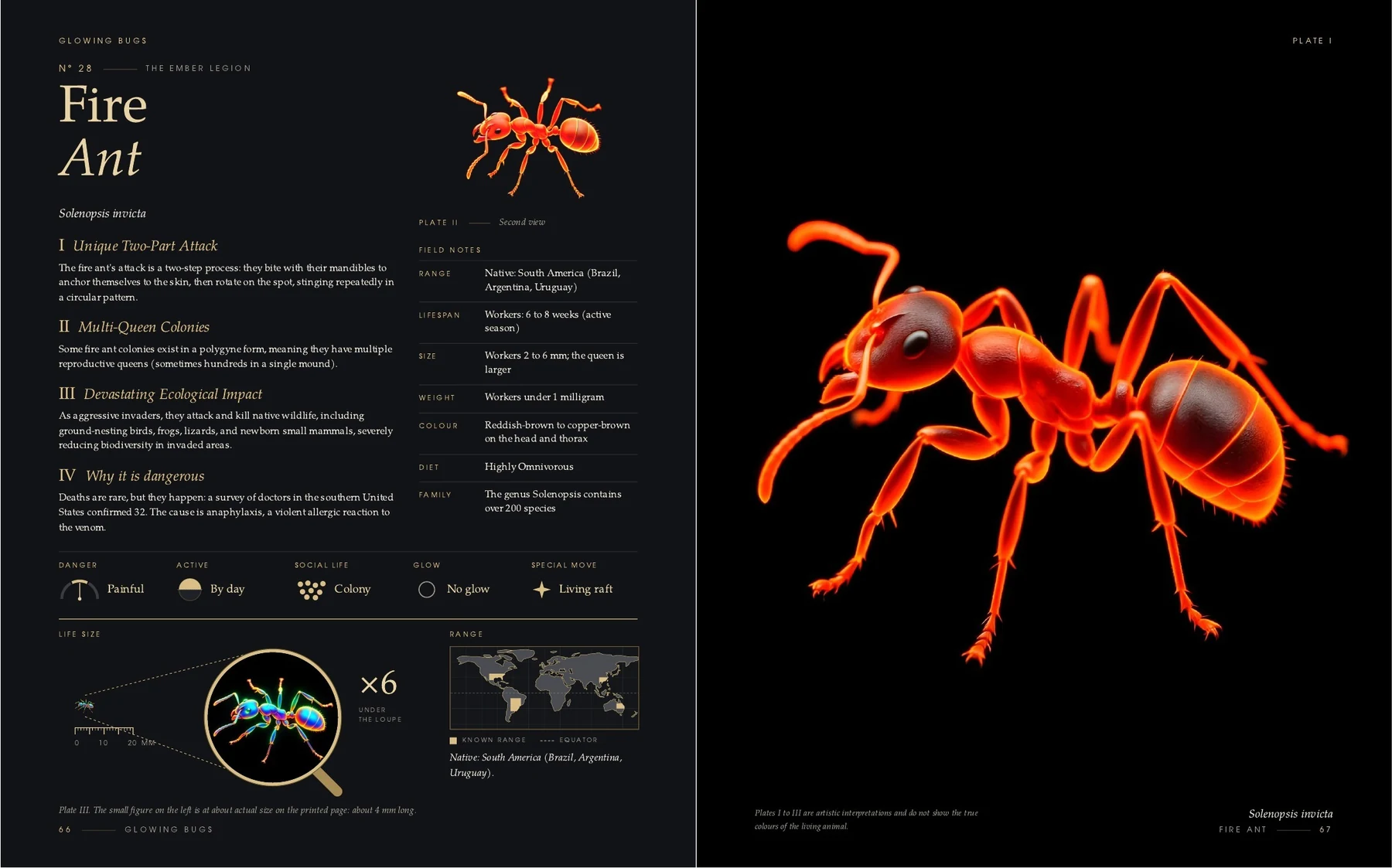 The two pages on the Fire Ant in the book Glowing Bugs