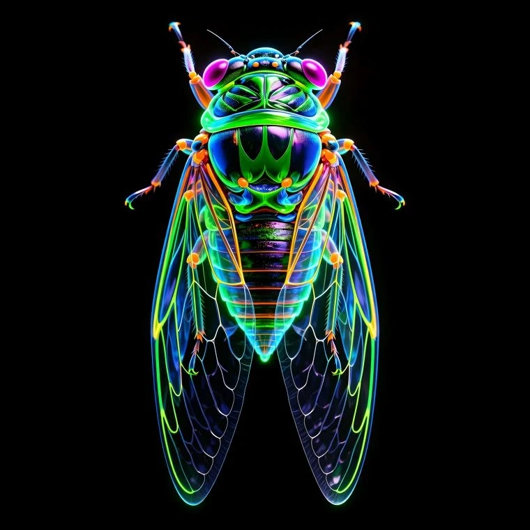 Song of Summer: the Cicada, Family Cicadidae, drawn as living glass