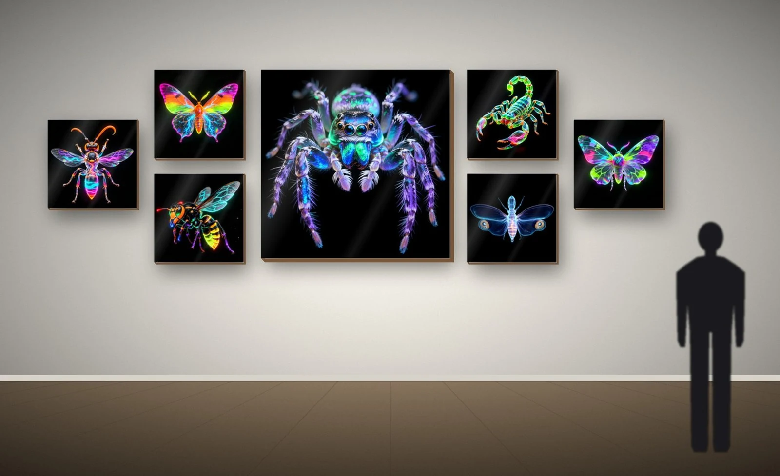 A gallery wall with a group of works