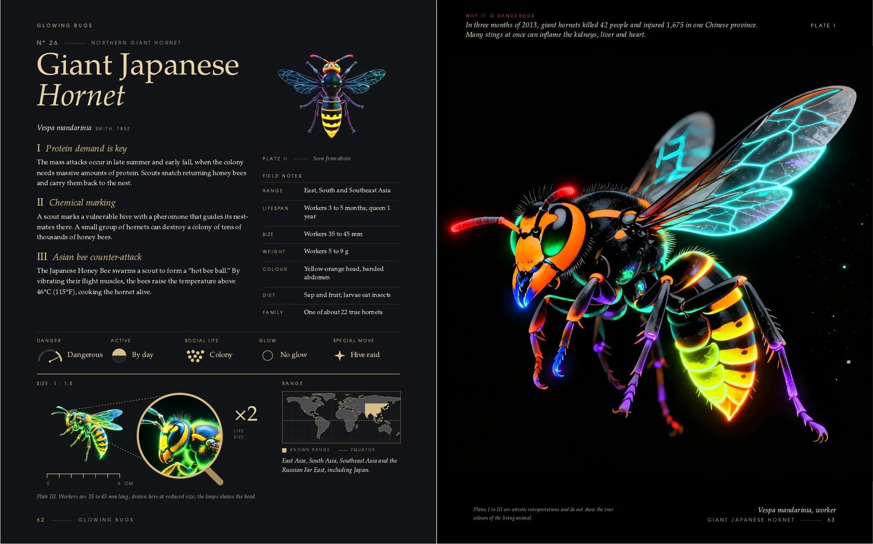 The two pages on the Giant Japanese Hornet in the book Glowing Bugs