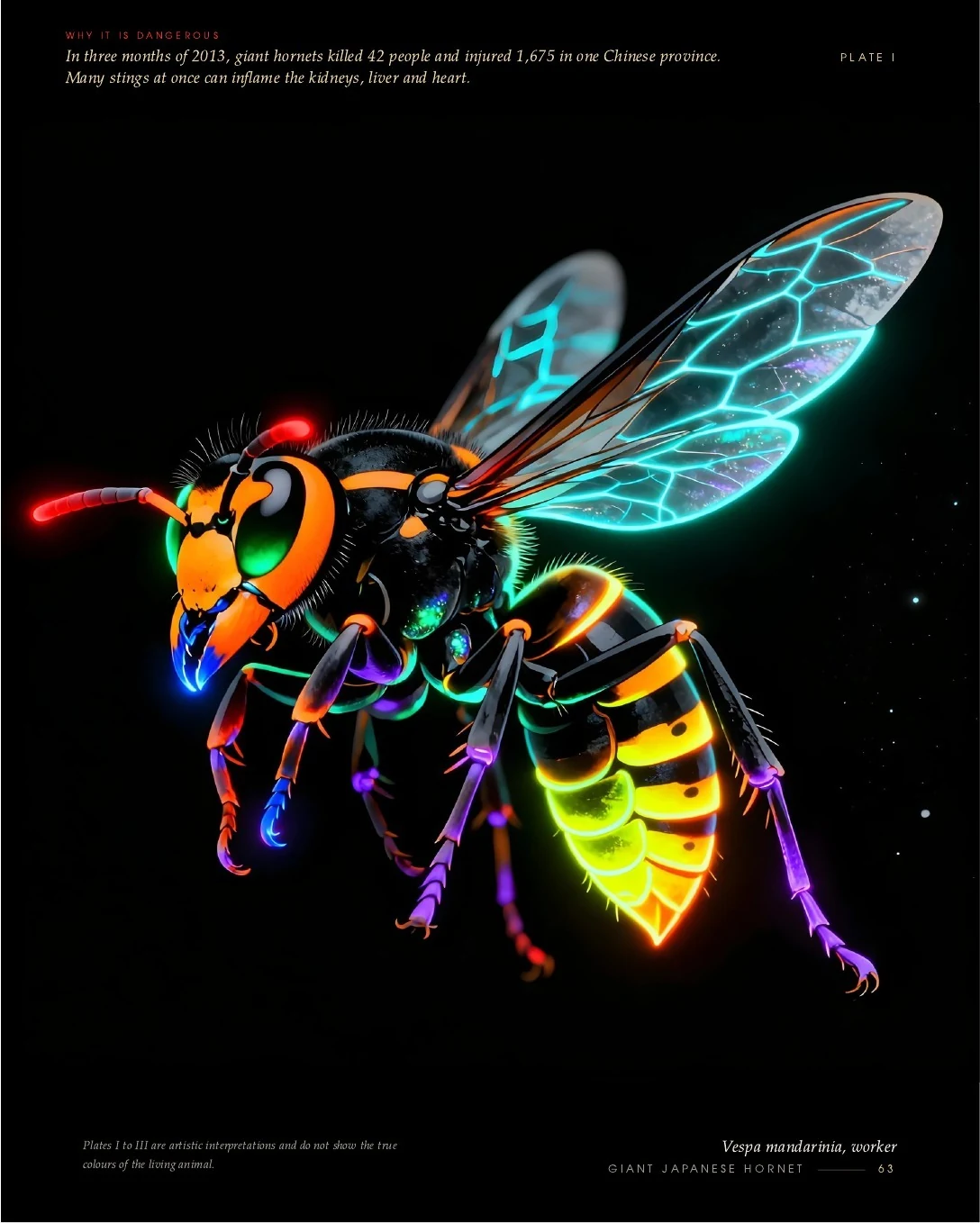 Giant Japanese Hornet rendered in glowing orange, yellow and blue, second view