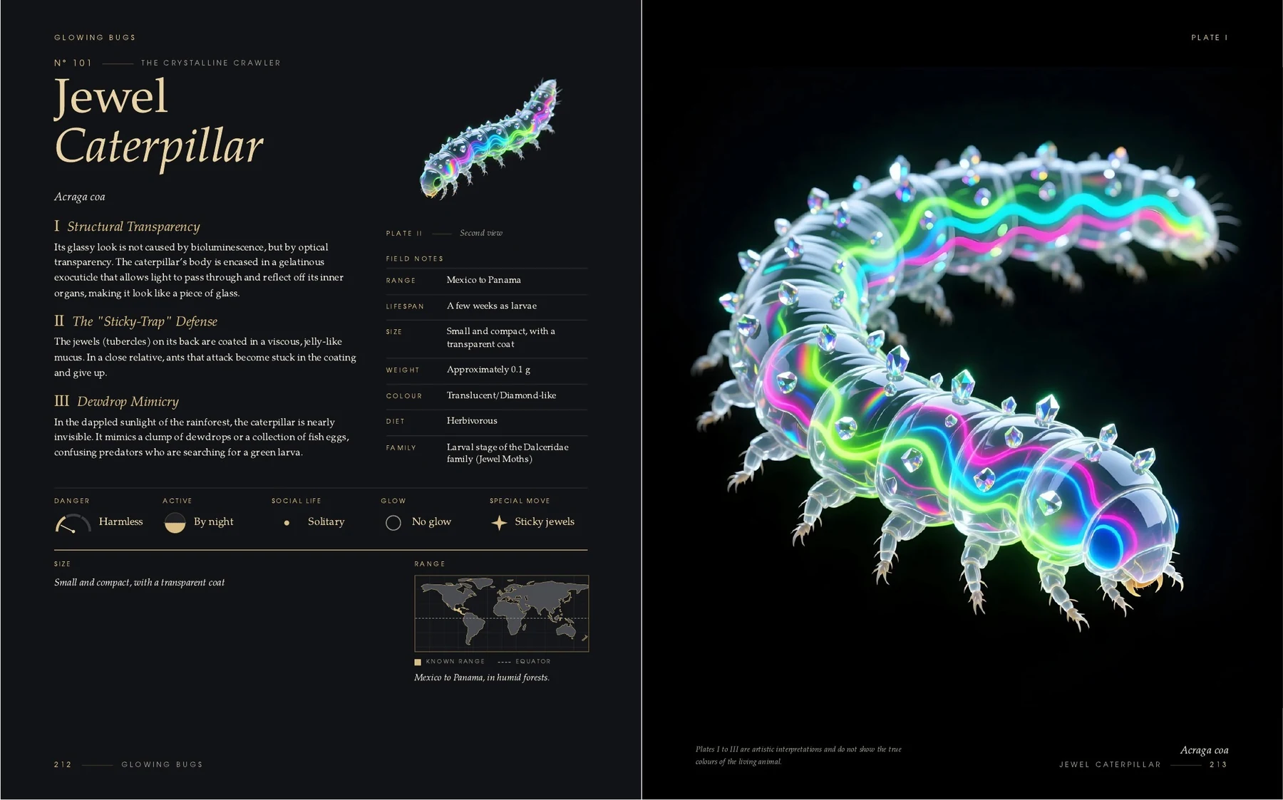 The two pages on the Jewel Caterpillar in the book Glowing Bugs