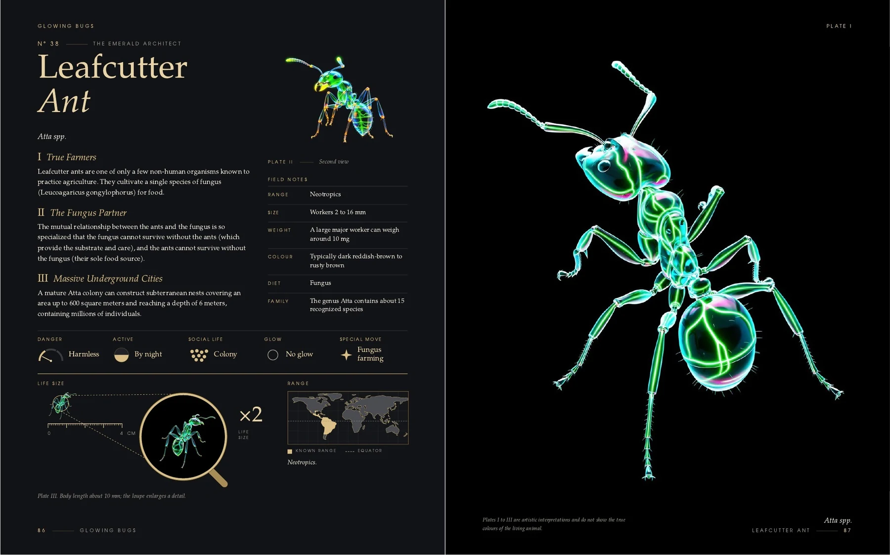 The two pages on the Leafcutter Ant in the book Glowing Bugs