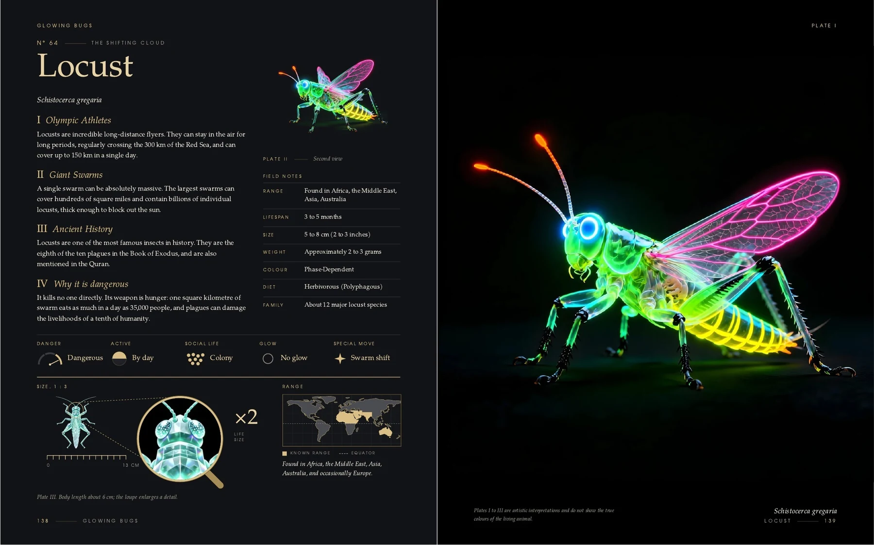 The two pages on the Locust in the book Glowing Bugs