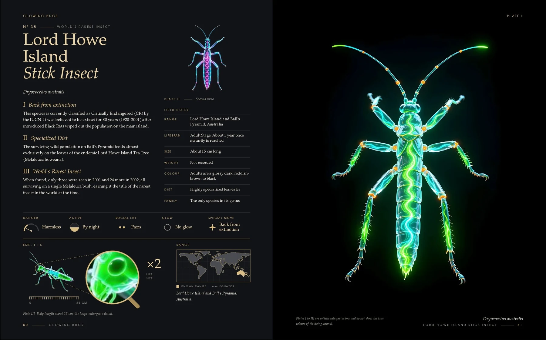 The two pages on the Lord Howe Island Stick Insect in the book Glowing Bugs
