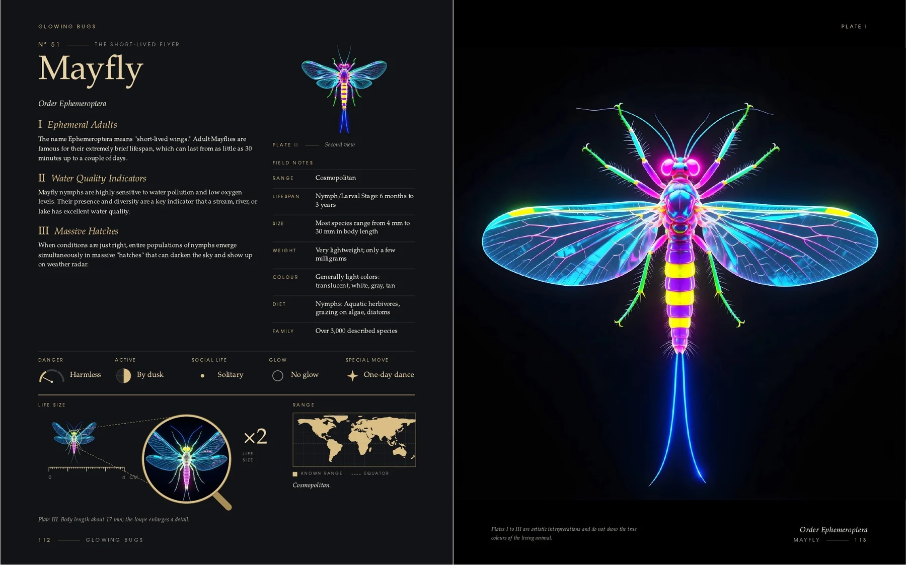 The two pages on the Mayfly in the book Glowing Bugs