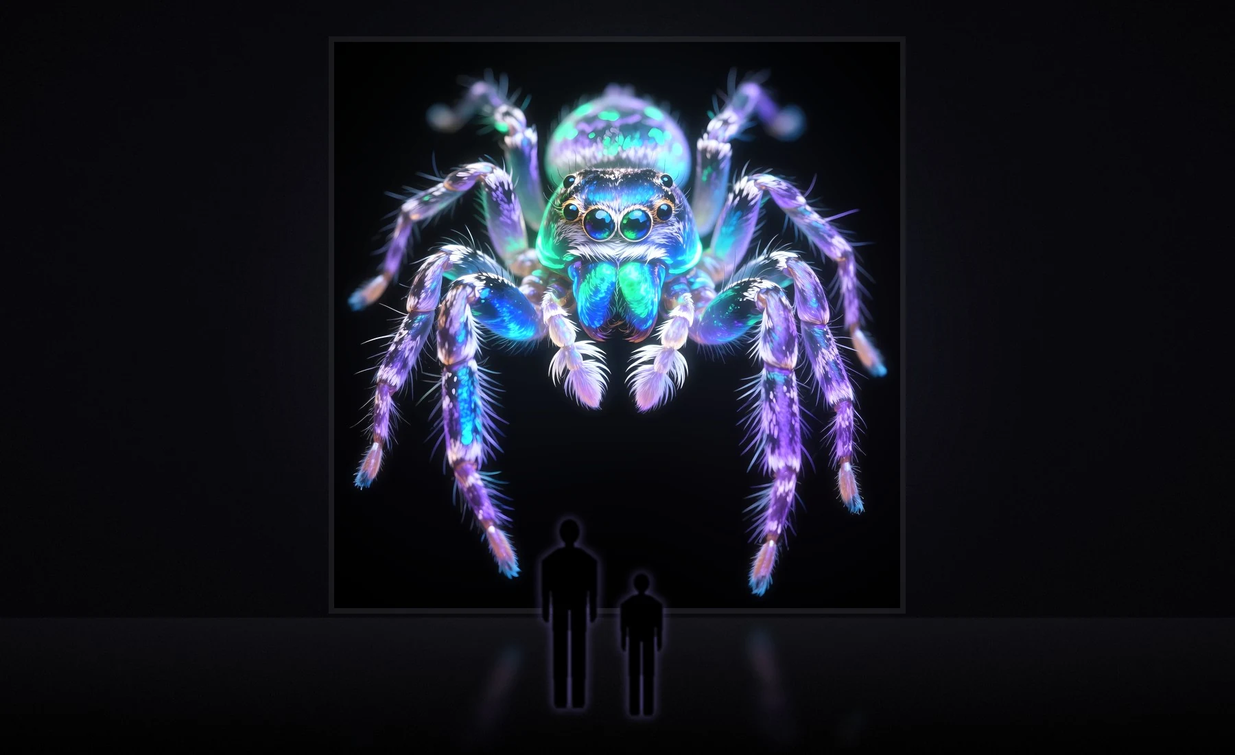 A print five metres high of a jumping spider, with an adult and a child standing in front of it