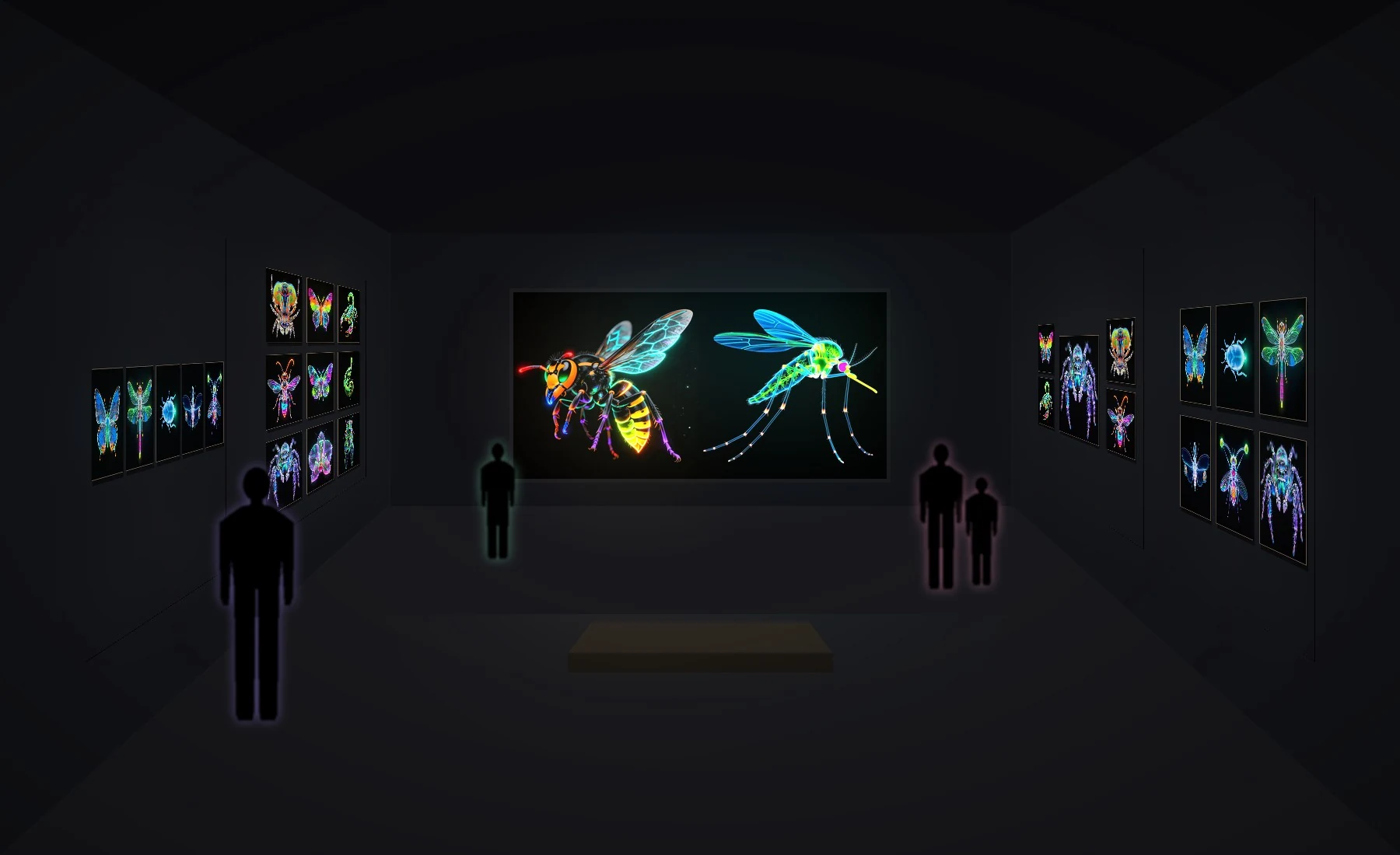 A museum room of 100 square metres with a wide lightbox and groups of insect prints on the side walls