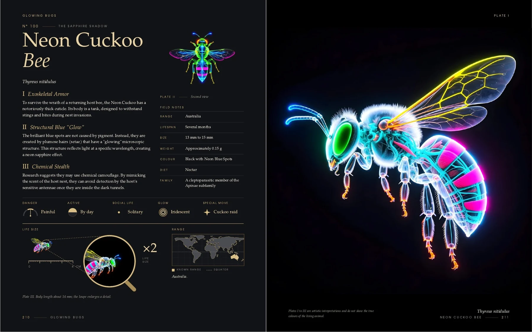 The two pages on the Neon Cuckoo Bee in the book Glowing Bugs
