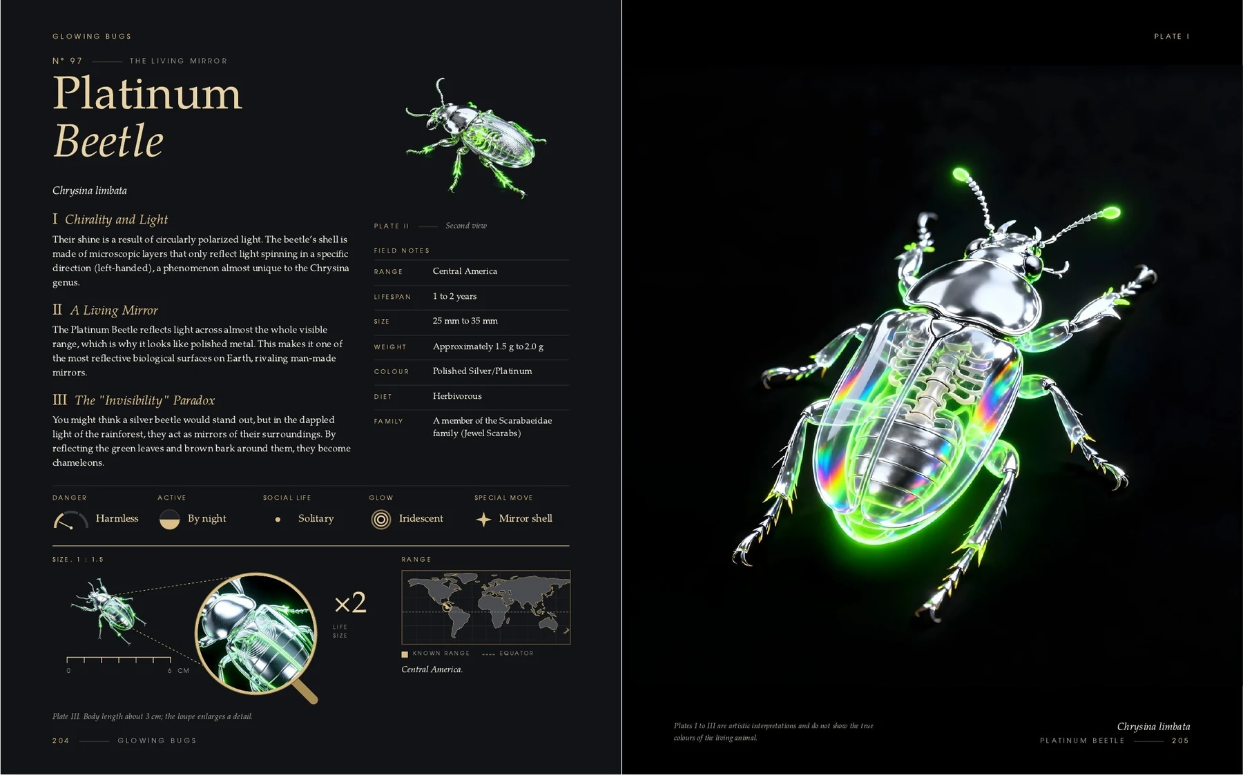 The two pages on the Platinum Beetle in the book Glowing Bugs