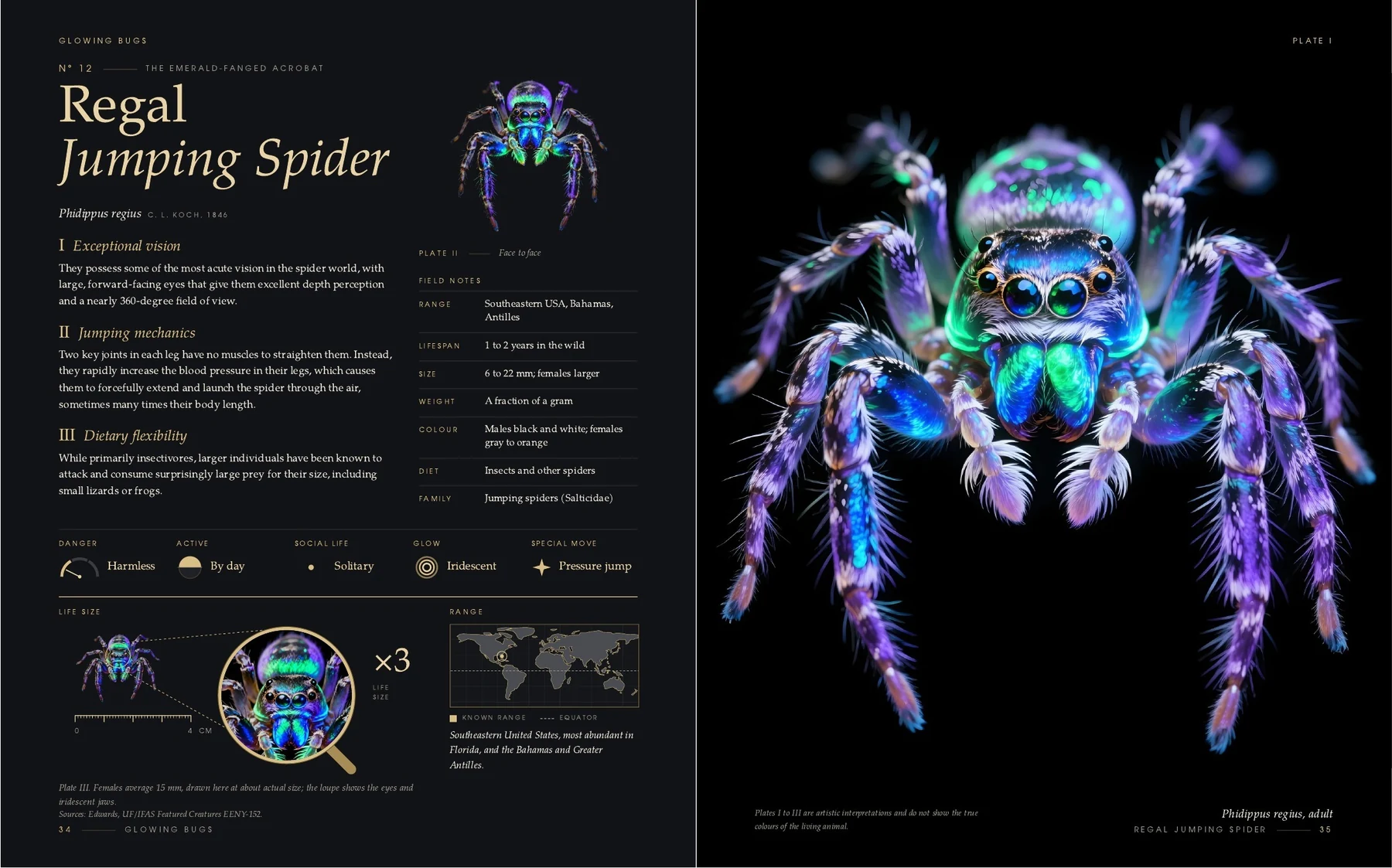 The two pages on the Regal Jumping Spider in the book Glowing Bugs