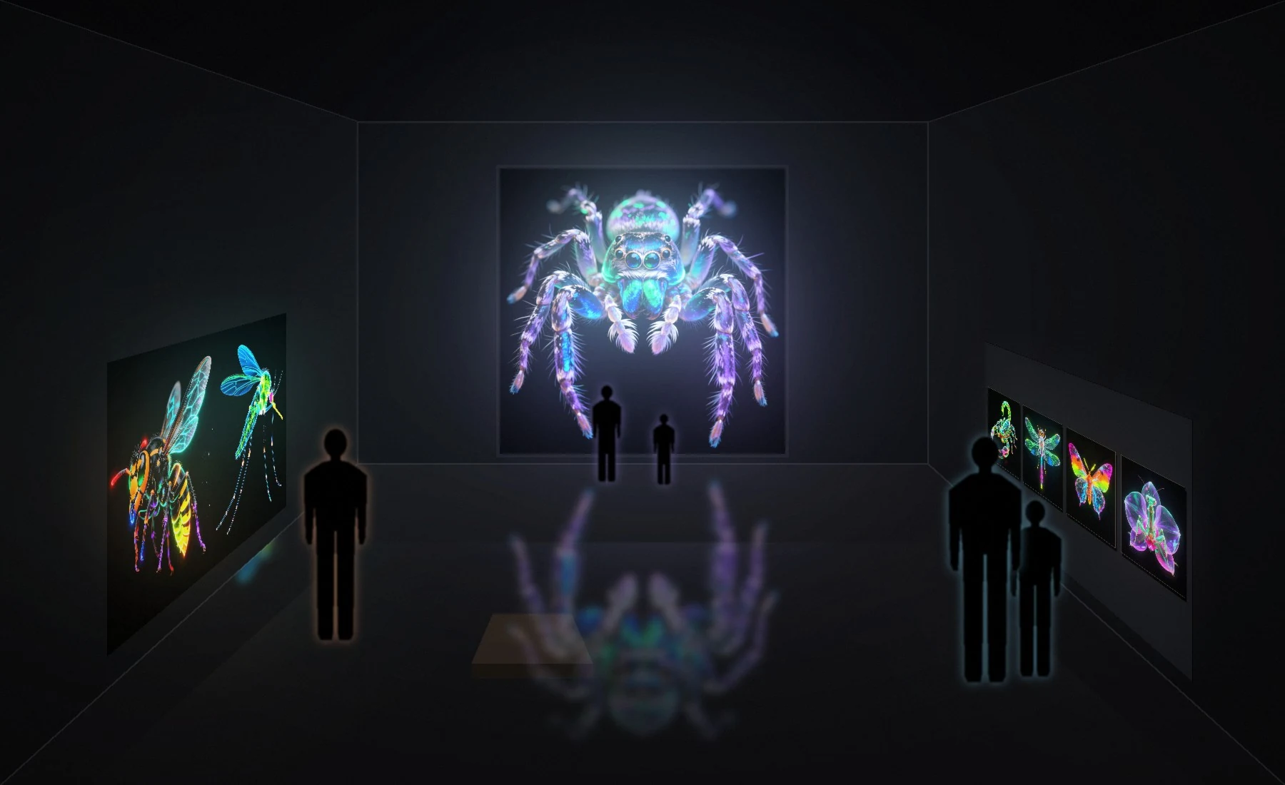 A dark exhibition hall with a five-metre glowing jumping spider and small visitors in front of it