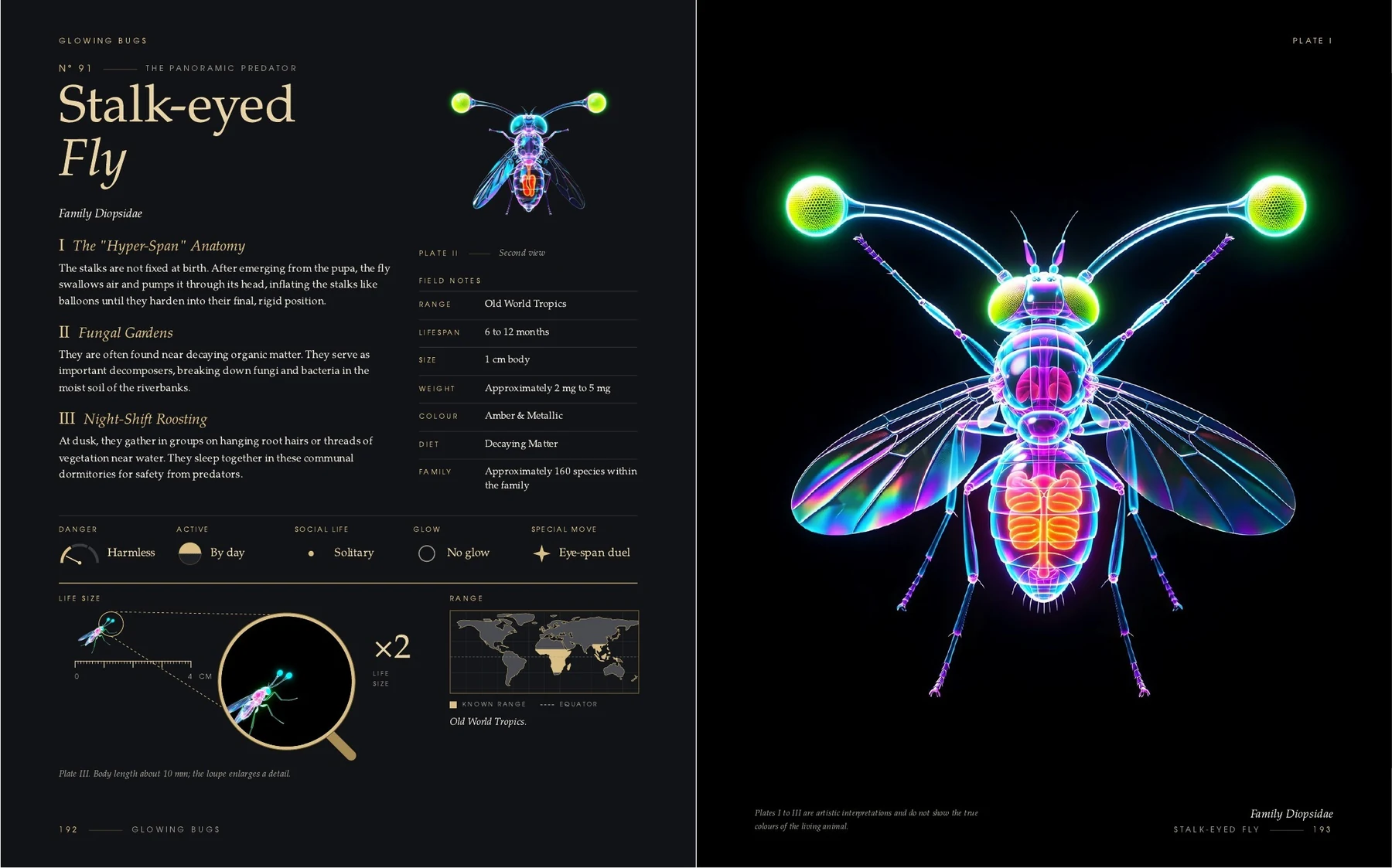 The two pages on the Stalk-eyed Fly in the book Glowing Bugs