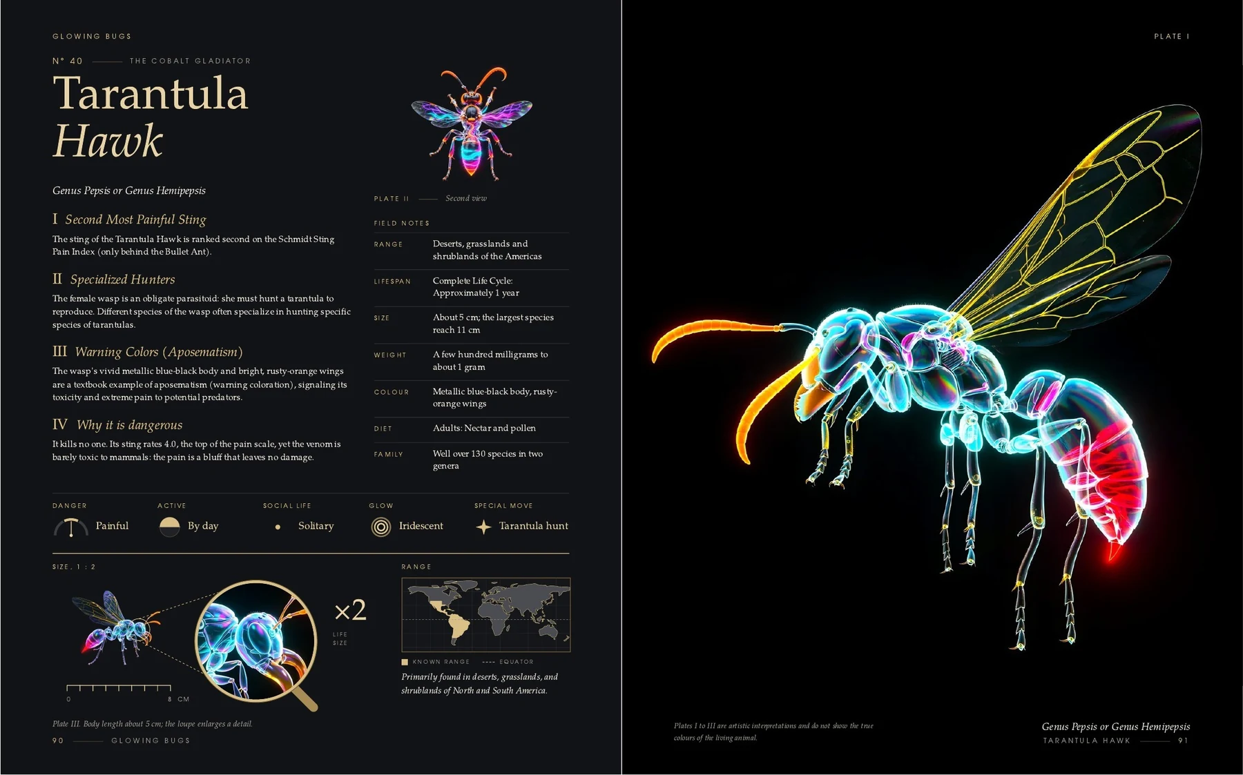 The two pages on the Tarantula Hawk in the book Glowing Bugs