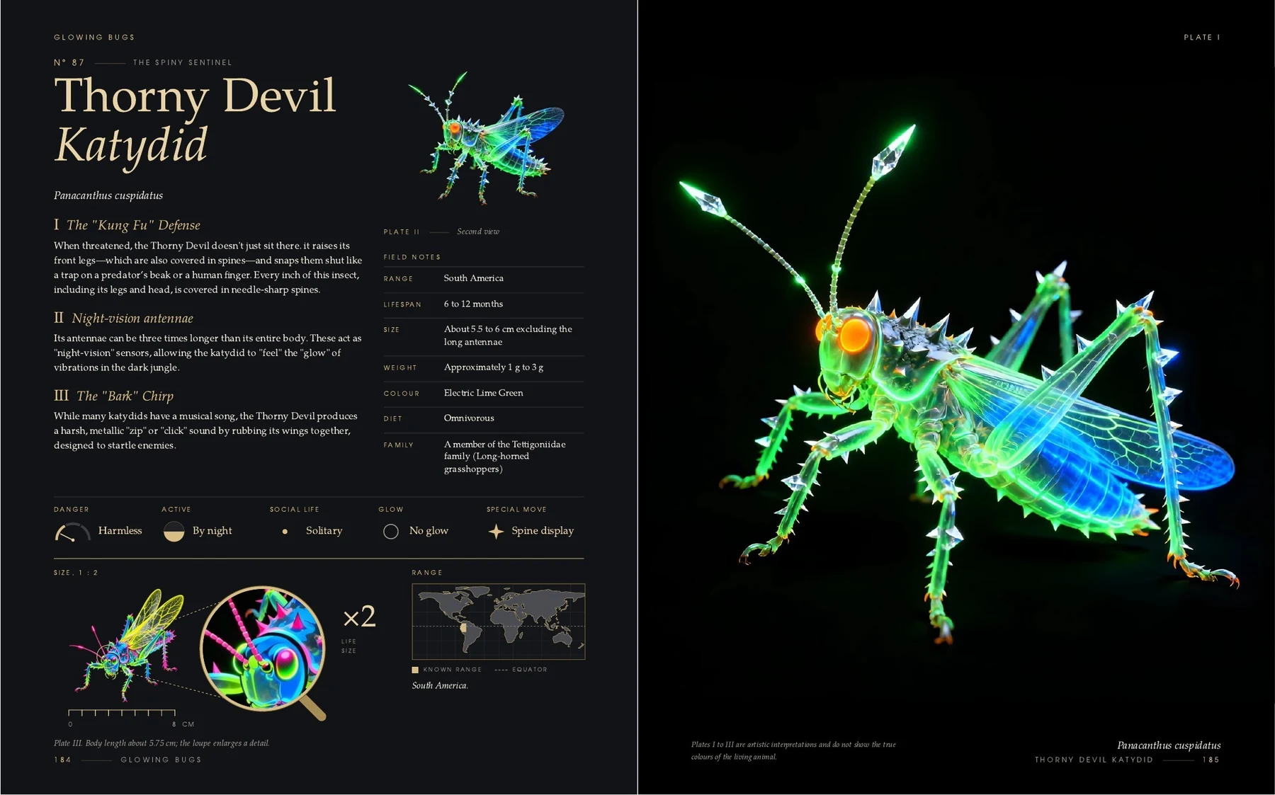 The two pages on the Thorny Devil Katydid in the book Glowing Bugs