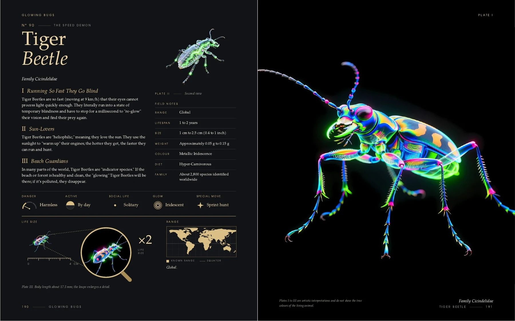 The two pages on the Tiger Beetle in the book Glowing Bugs